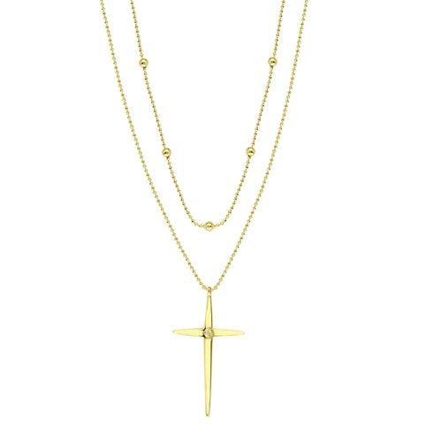 14k Yellow Gold Beaded Double Strand Cross Necklace