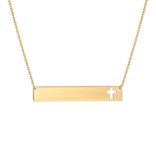 14K Yellow Gold Cut Out Cross Mini Bar Necklace