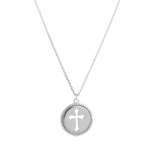 14K White 12mm Cut out Cross Disc Necklace