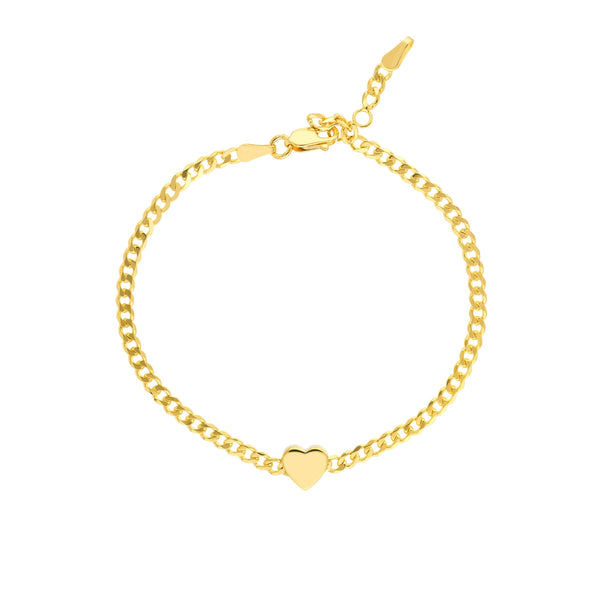 14K Yellow Gold Curb Link Heart Bracelet
