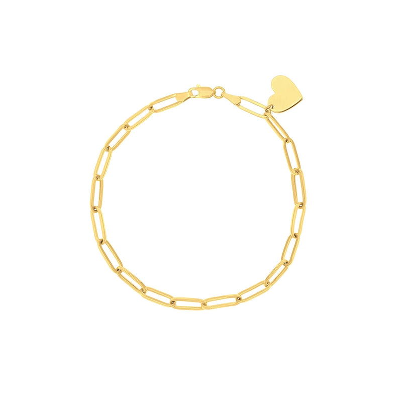 14K Yellow Gold Dangle Heart Paper Clip Bracelet-Bracelets-Maurice's Jewelers-