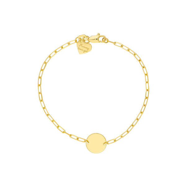 14K Yellow Gold Disc and Heart Paperclip Bracelet-Bracelets-Maurice's Jewelers-