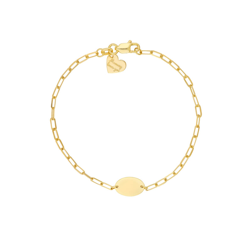 14K Yellow Gold Oval Disc and Heart Paperclip Bracelet-Baby Bracelets-Maurice's Jewelers-