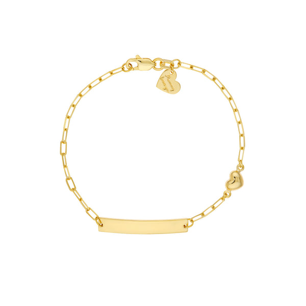 14K Yellow Gold ID Bar and Heart Paperclip Bracelet