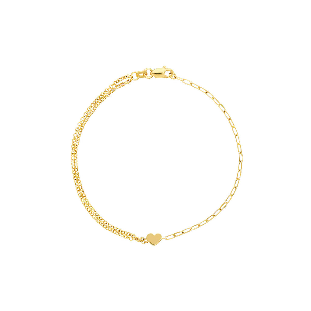14K Yellow Gold Paper Clip + Double Rolo Heart Bracelet-Bracelets-Maurice's Jewelers-