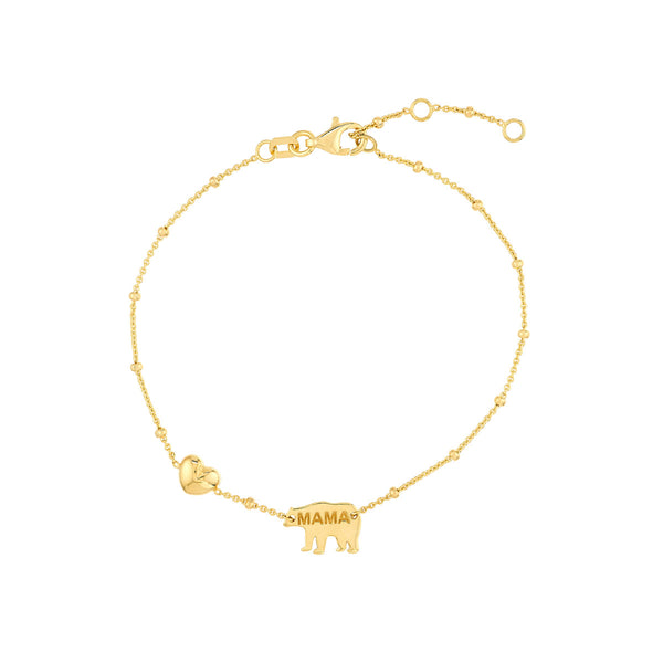 14K Yellow Gold Mama Bear Puffy Heart Bracelet