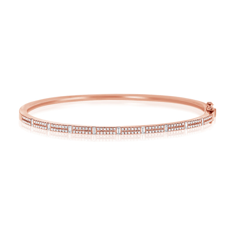 14K Rose Gold Round & Baguette Diamond Bangle