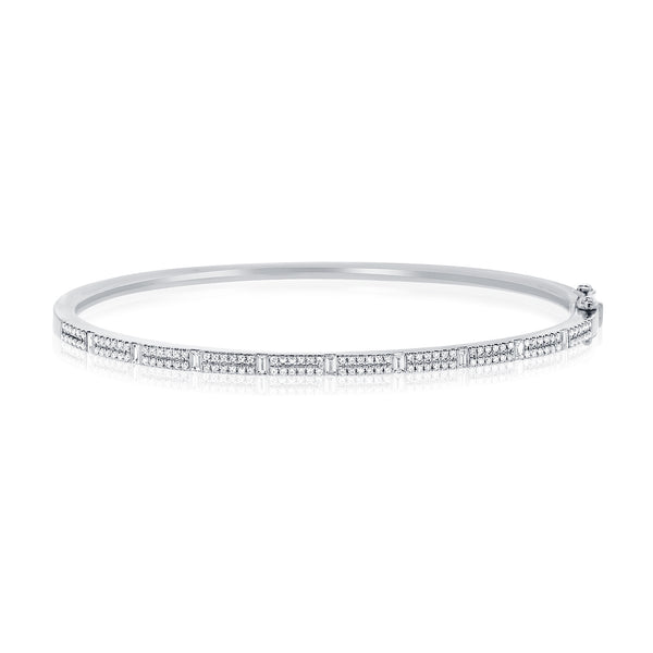 14K White Gold Round & Baguette Diamond Bangle