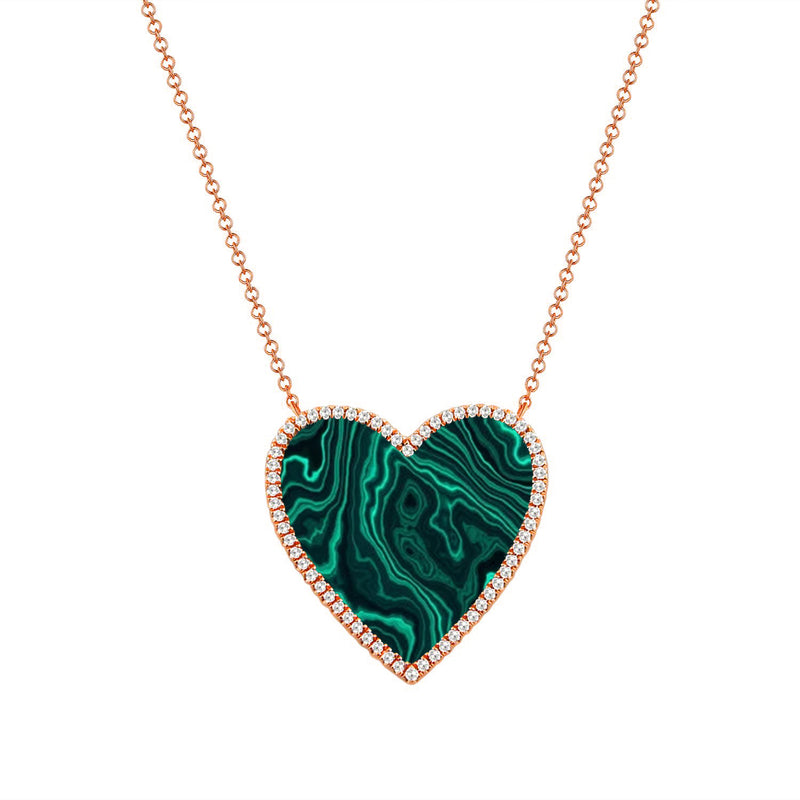 14K Rose Gold Diamond + Malacite Large Heart Necklace