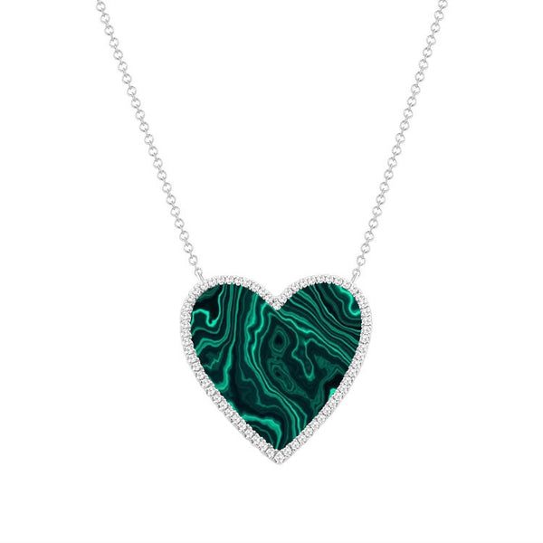 14K White Gold Diamond + Malacite Large Heart Necklace-Necklaces-Maurice's Jewelers-WHITE GOLD-