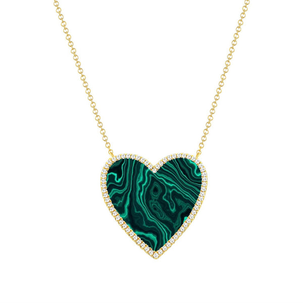 14K Yellow Gold Diamond + Malacite Large Heart Necklace