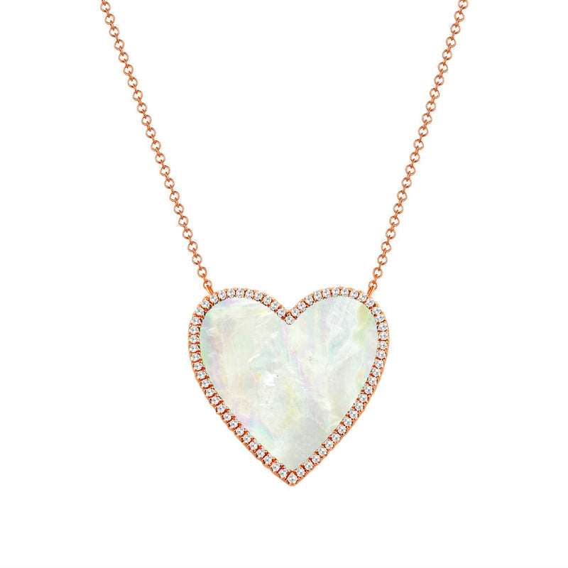 14K Yellow Gold Diamond + Mother Of Pearl Large Heart  Necklace