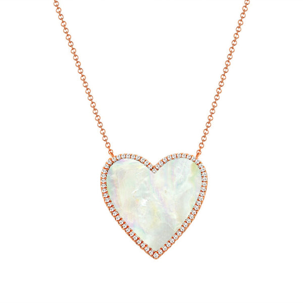 14K Rose Gold Diamond + Mother Of Pearl Large Heart  Necklace