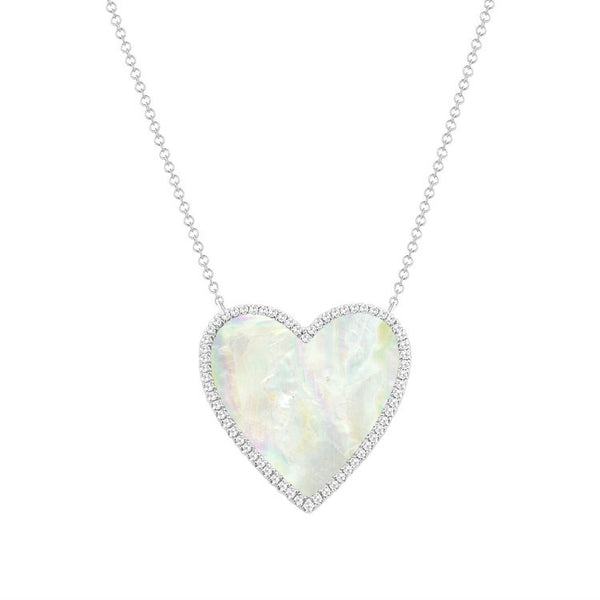 14K White Gold Diamond + Mother Of Pearl Large Heart  Necklace