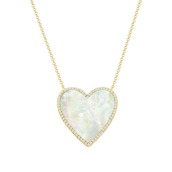 14K White Gold Diamond + Mother Of Pearl Large Heart  Necklace