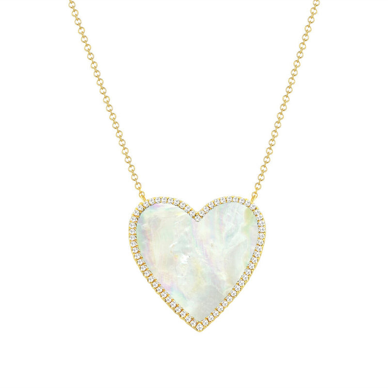 14K White Gold Diamond + Mother Of Pearl Large Heart  Necklace