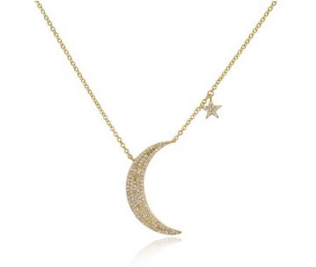 14K White Gold Diamond Moon & Star Necklace