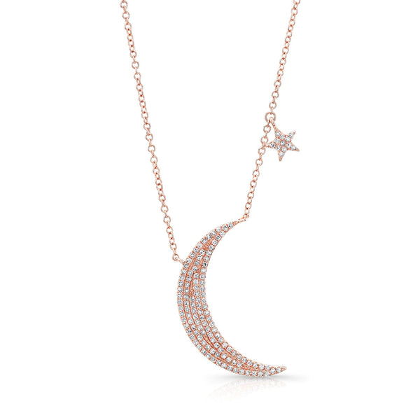 14K White Gold Diamond Moon & Star Necklace