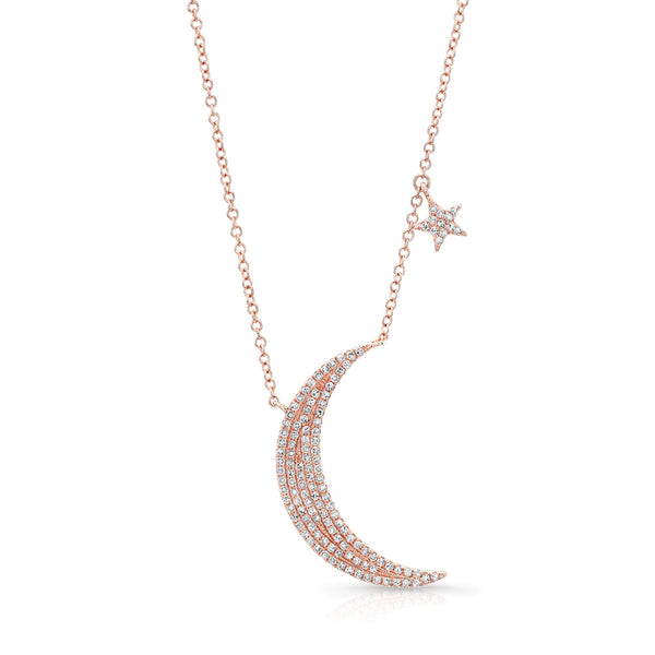 14K Rose Gold Diamond Moon & Star Necklace