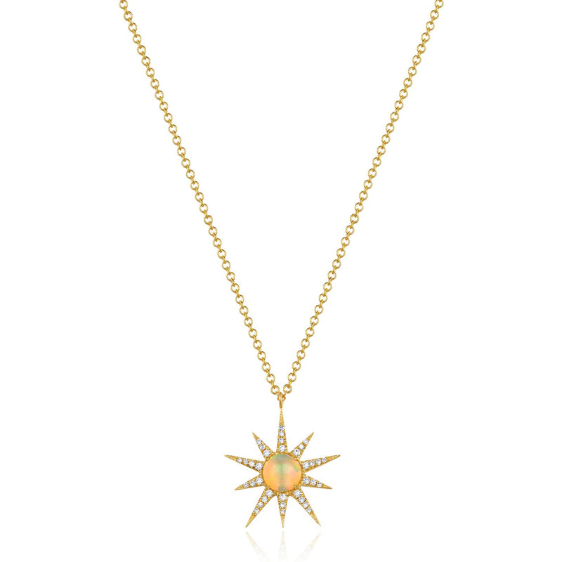 14K Yellow Gold Diamond + Opal Sunburst Pendant-Necklaces-majolie-