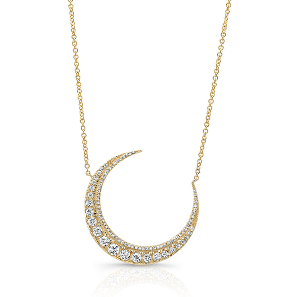 14K Yellow Gold Diamond Crescent Moon Necklace-Necklaces-majolie-