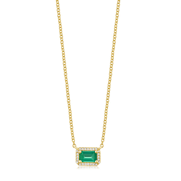 14K Yellow Gold Diamond  Halo + Emerald Necklace