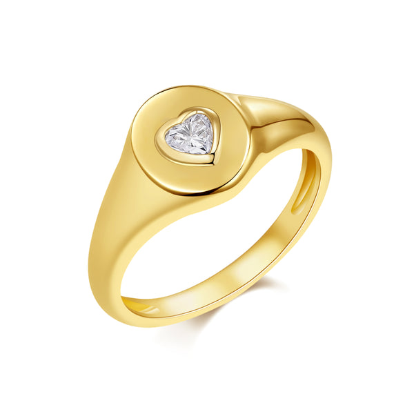 14K Yellow Gold Heart Diamond Oval Signet Ring
