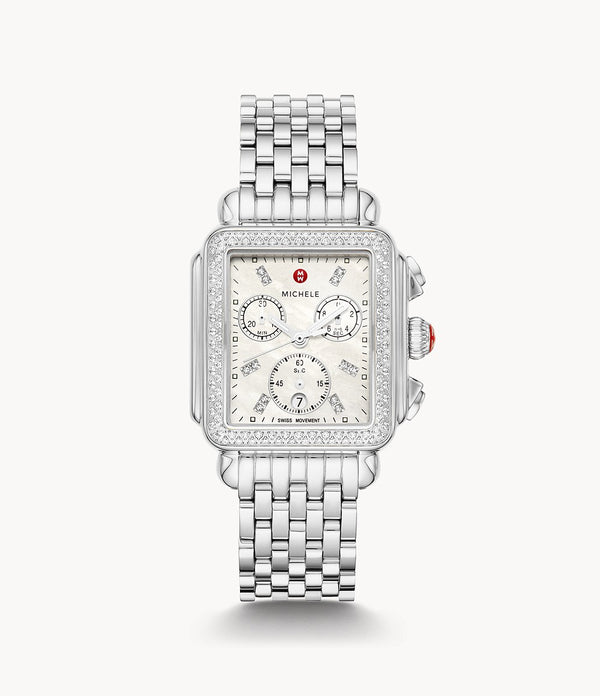 Michele Deco Stainless Mother of Pearl Diamond Watch-Watches-Michele-