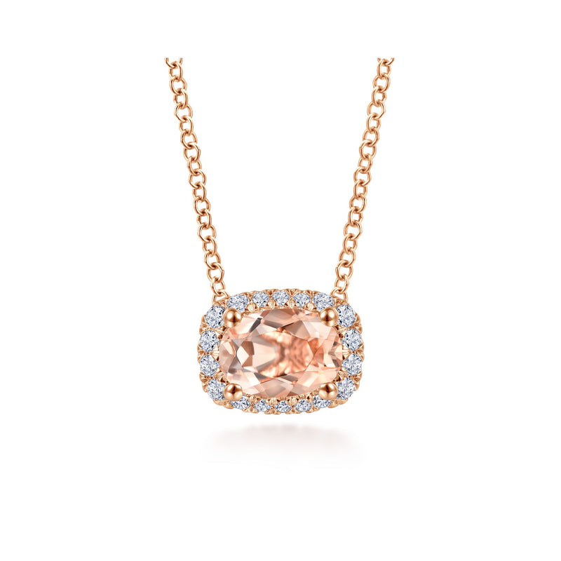 14K Rose Gold Diamond + Morganite Rectangle Halo Necklace-Necklaces-gabriel & co-