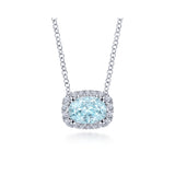 14K White Gold Diamond Rectangle Halo and Oval Aquamarine Necklace-Necklaces-gabriel & co-