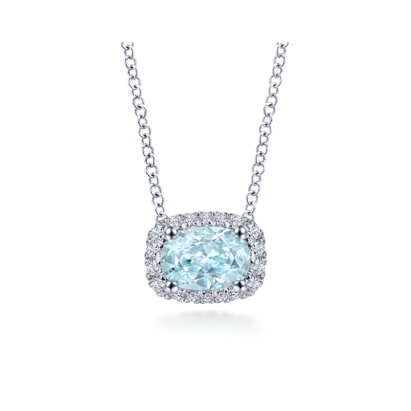 14K White Gold Diamond Rectangle Halo and Oval Aquamarine Necklace-Necklaces-gabriel & co-