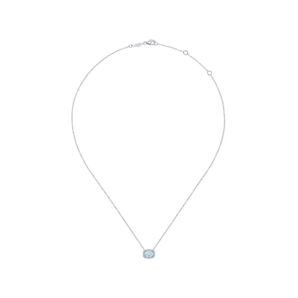 14K White Gold Diamond Rectangle Halo and Oval Aquamarine Necklace