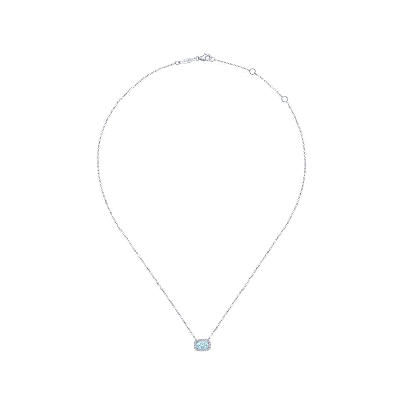 14K White Gold Diamond Rectangle Halo and Oval Aquamarine Necklace-Necklaces-gabriel & co-