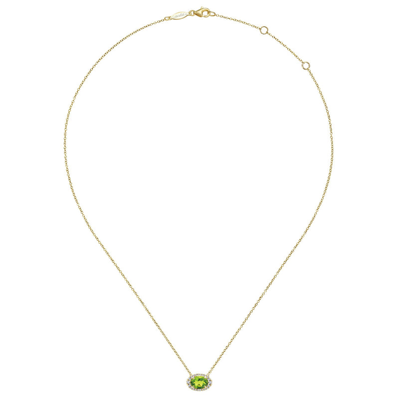 14K Yellow Gold Diamond Oval Halo + Peridot Necklace