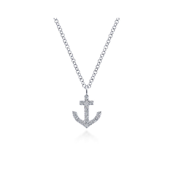 14K White Gold Diamond Anchor Necklace-Necklaces-gabriel & co-