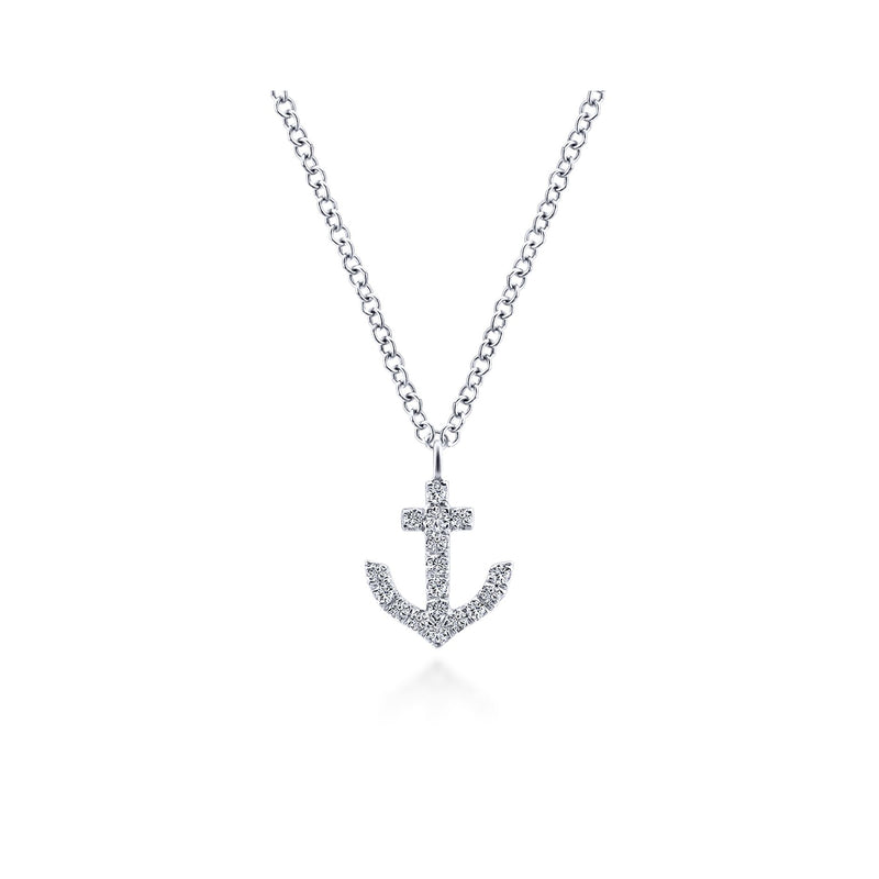 14K White Gold Diamond Anchor Necklace