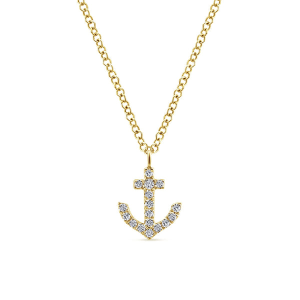 14K Yellow Gold Diamond Anchor Necklace