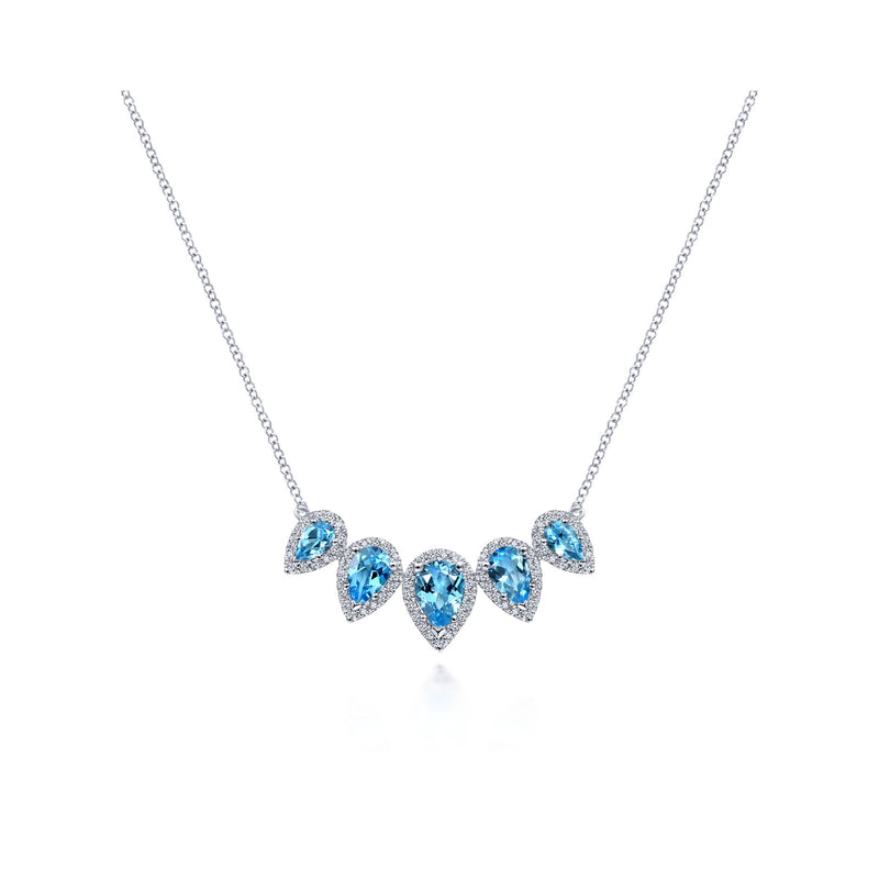 14K White Gold Diamond Halo + Blue Topaz Necklace