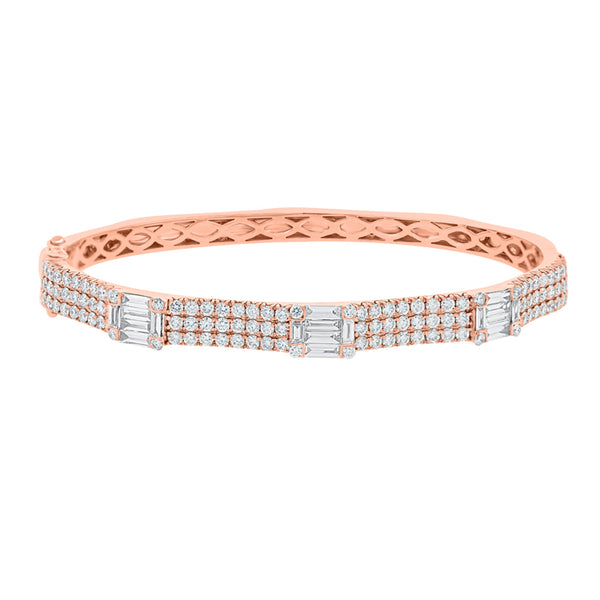 14K Rose Gold Round Diamond and Baguette Diamond Bangle