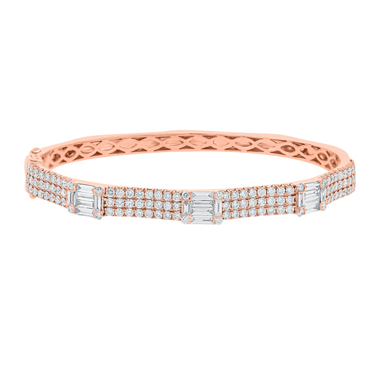 14K Rose Gold Round Diamond and Baguette Diamond Bangle