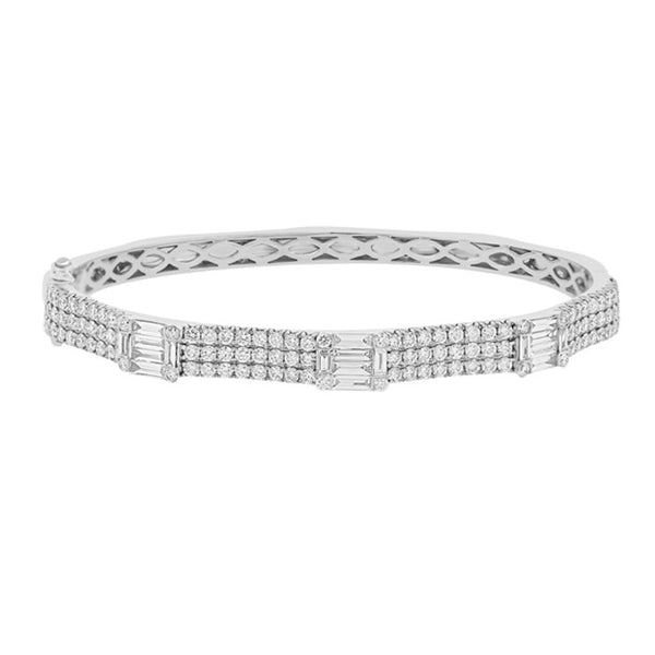 14K White Gold Round Diamond and Baguette Diamond Bangle