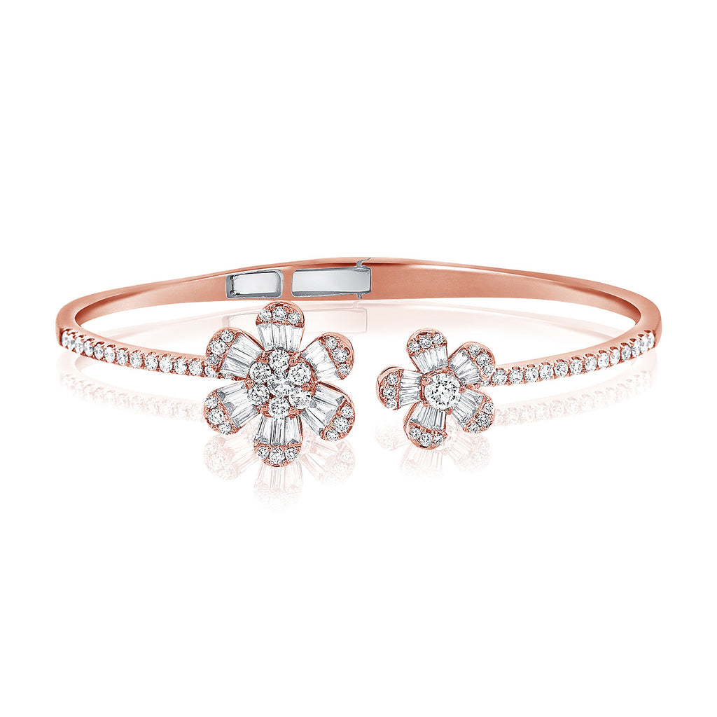 14K Rose Gold Baguette Double Flower Hinged Cuff Bracelet-Bracelets-Maurice's Jewelers-