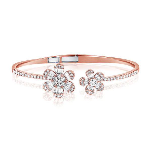 14K Rose Gold Baguette Double Flower Hinged Cuff Bracelet