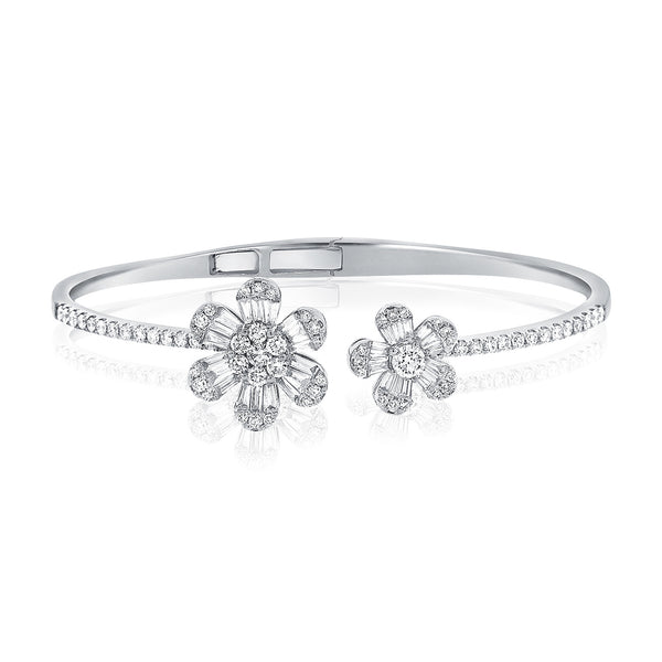 14K White Gold Baguette Double Flower Hinged Cuff Bracelet