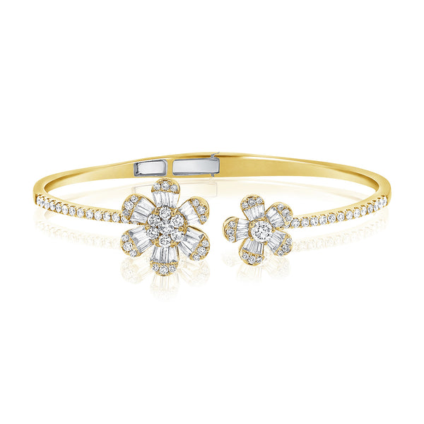 14K Yellow Gold Baguette Double Flower Hinged Cuff Bracelet-Bracelets-aaron jewelry-