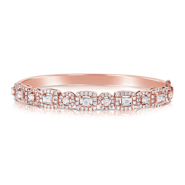 14K Rose Gold Mixed Shape Round and Baguette Diamond Hinged Bangle