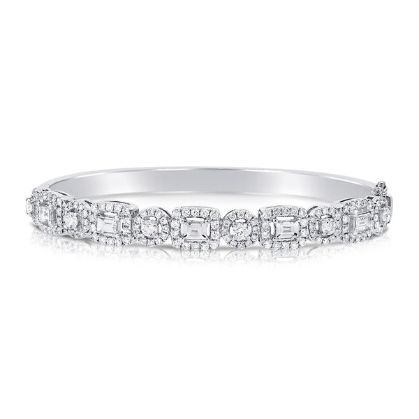 14K White Gold Mixed Shape Round and Baguette Diamond Hinged Bangle-Bracelets-aaron jewelry-