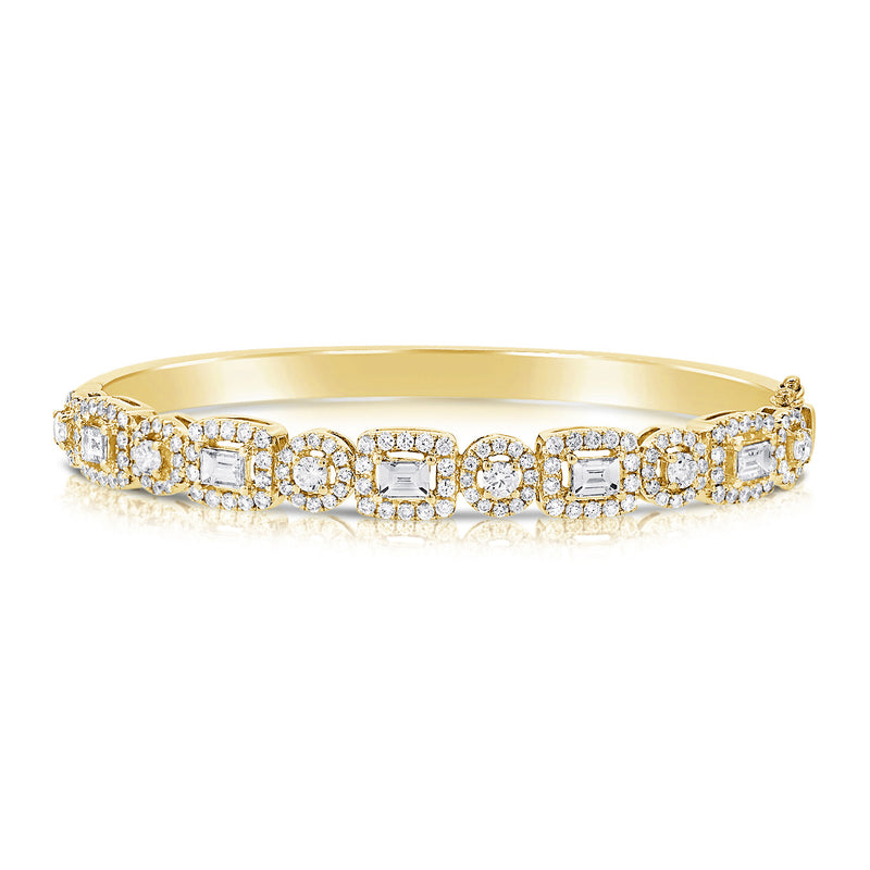 14K Yellow Gold Mixed Shape Round and Baguette Diamond Hinged Bangle