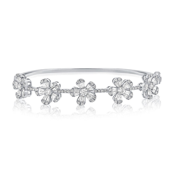 14K White Gold Diamond Flower Bangle