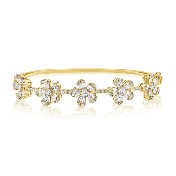 14K Yellow Gold Diamond Flower Bangle